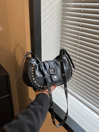 鱷魚壓紋鉚釘裝飾流浪包