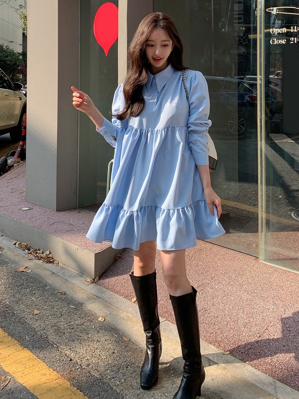 Solid Polo Neck Ruffle Hem Smock Dress