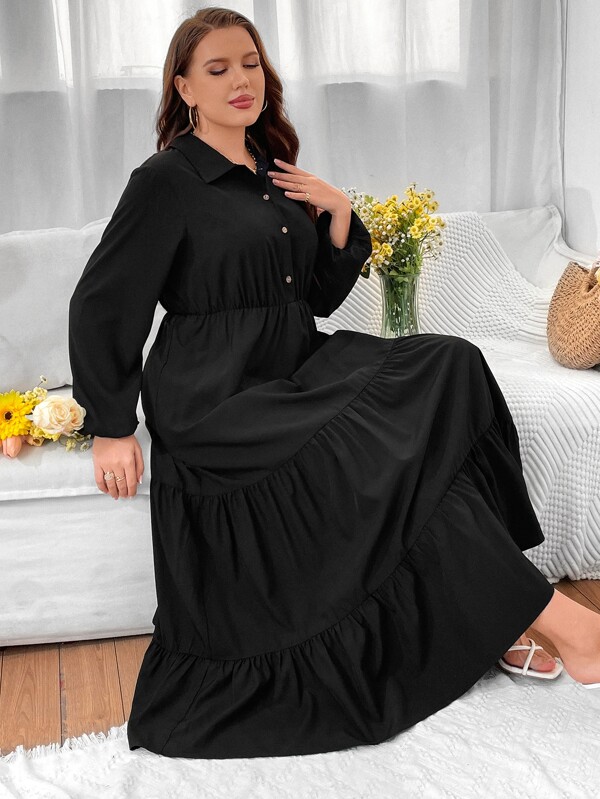 Mulvari Plus Lantern Sleeve Ruffle Hem Shirt Dress
