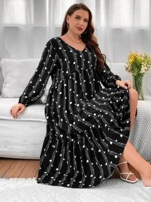 Mulvari Plus Polka Dot and Striped Print Lantern Sleeve Ruffle Hem Smock Dress - Black - View 1
