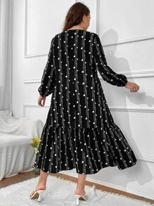 Mulvari Plus Polka Dot and Striped Print Lantern Sleeve Ruffle Hem Smock Dress - Black - View 2