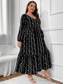 Mulvari Plus Polka Dot and Striped Print Lantern Sleeve Ruffle Hem Smock Dress - Black - View 4