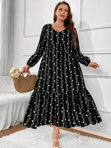 Mulvari Plus Polka Dot and Striped Print Lantern Sleeve Ruffle Hem Smock Dress - Black - View 5