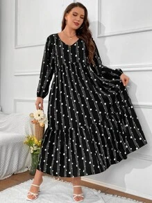 Mulvari Plus Polka Dot and Striped Print Lantern Sleeve Ruffle Hem Smock Dress - Black - View 6