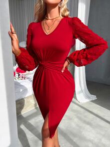 SHEIN Privé 圓點前扭結燈籠袖褶邊高衩連衣裙 - 紅色 - 查看 4