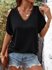 SHEIN LUNE Lace Trim Cold Shoulder Tee - Black - View 1