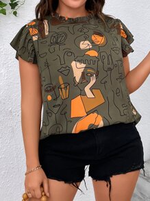 SHEIN LUNE Plus Figure Graphic Butterfly Sleeve Blouse - Multicolor - View 1