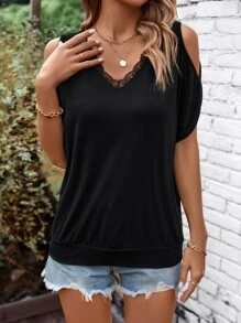 SHEIN LUNE Lace Trim Cold Shoulder Tee - Black - View 3