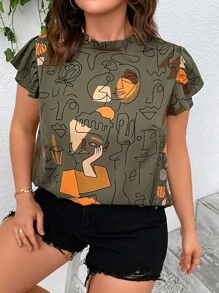 SHEIN LUNE Plus Figure Graphic Butterfly Sleeve Blouse - Multicolor - View 3