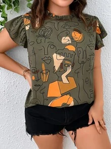 SHEIN LUNE Plus Figure Graphic Butterfly Sleeve Blouse - Multicolor - View 4