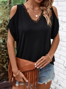 SHEIN LUNE Lace Trim Cold Shoulder Tee - Black - View 4