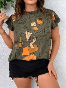 SHEIN LUNE Plus Figure Graphic Butterfly Sleeve Blouse - Multicolor - View 5