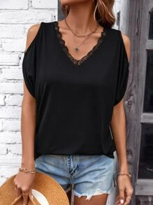 SHEIN LUNE Lace Trim Cold Shoulder Tee - Black - View 6