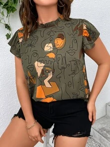 SHEIN LUNE Plus Figure Graphic Butterfly Sleeve Blouse - Multicolor - View 6