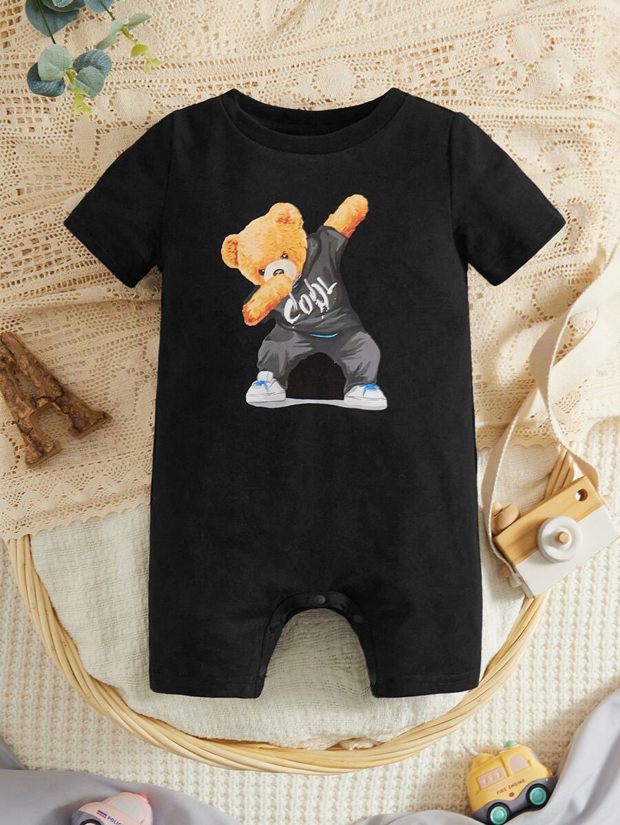 SHEIN 男嬰小熊印花連身短褲 - 黑色 - 查看 1