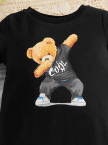 SHEIN 男嬰小熊印花連身短褲 - 黑色 - 查看 3