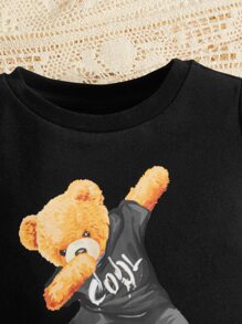 SHEIN 男嬰小熊印花連身短褲 - 黑色 - 查看 4