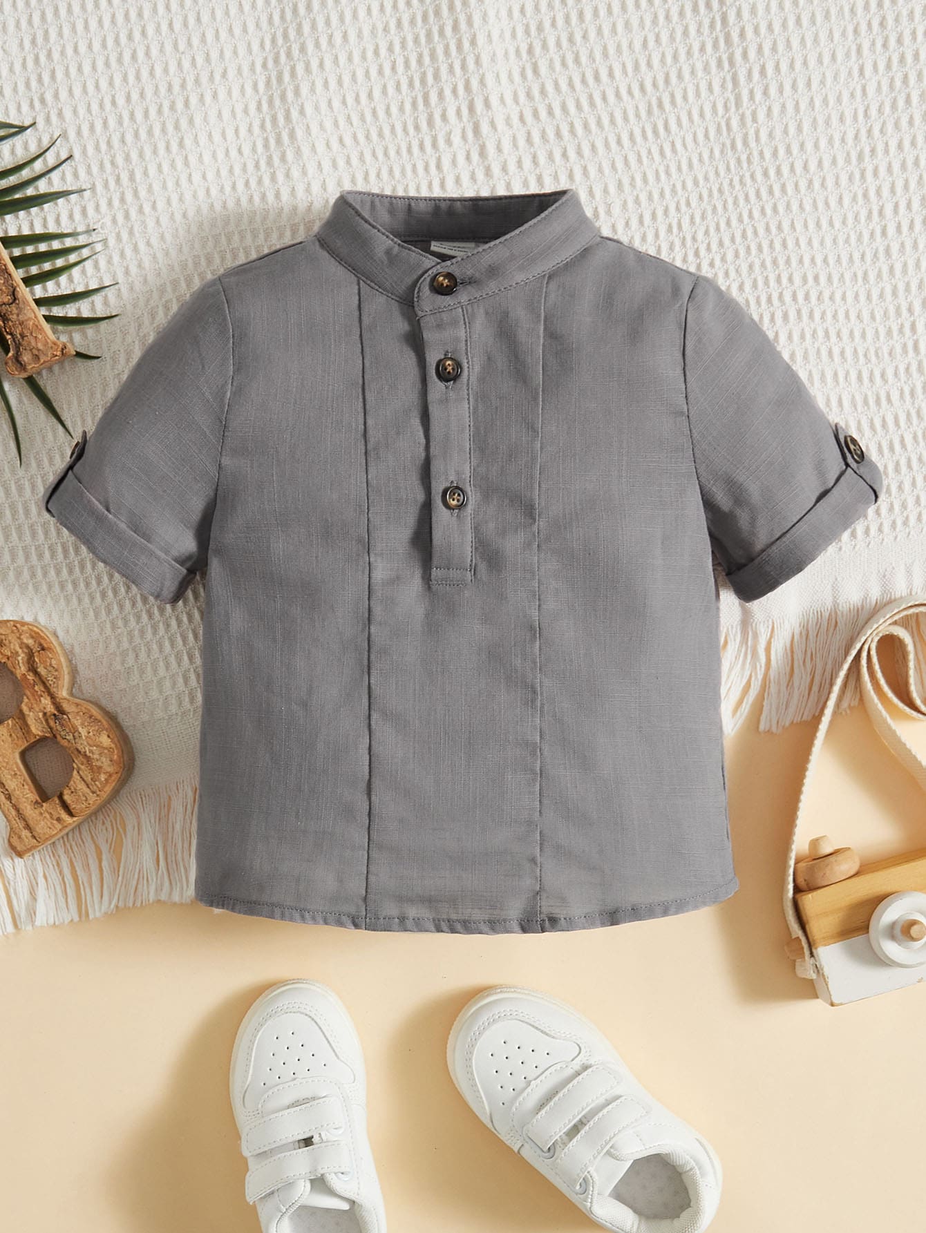 SHEIN Baby Boy Half Button Roll Up Sleeve Mock Neck Shirt - Grey - View 1