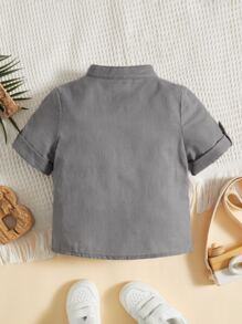SHEIN Baby Boy Half Button Roll Up Sleeve Mock Neck Shirt - Grey - View 2