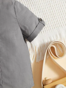 SHEIN Baby Boy Half Button Roll Up Sleeve Mock Neck Shirt - Grey - View 3