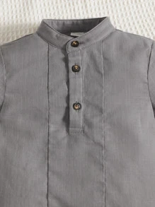 SHEIN Baby Boy Half Button Roll Up Sleeve Mock Neck Shirt - Grey - View 4
