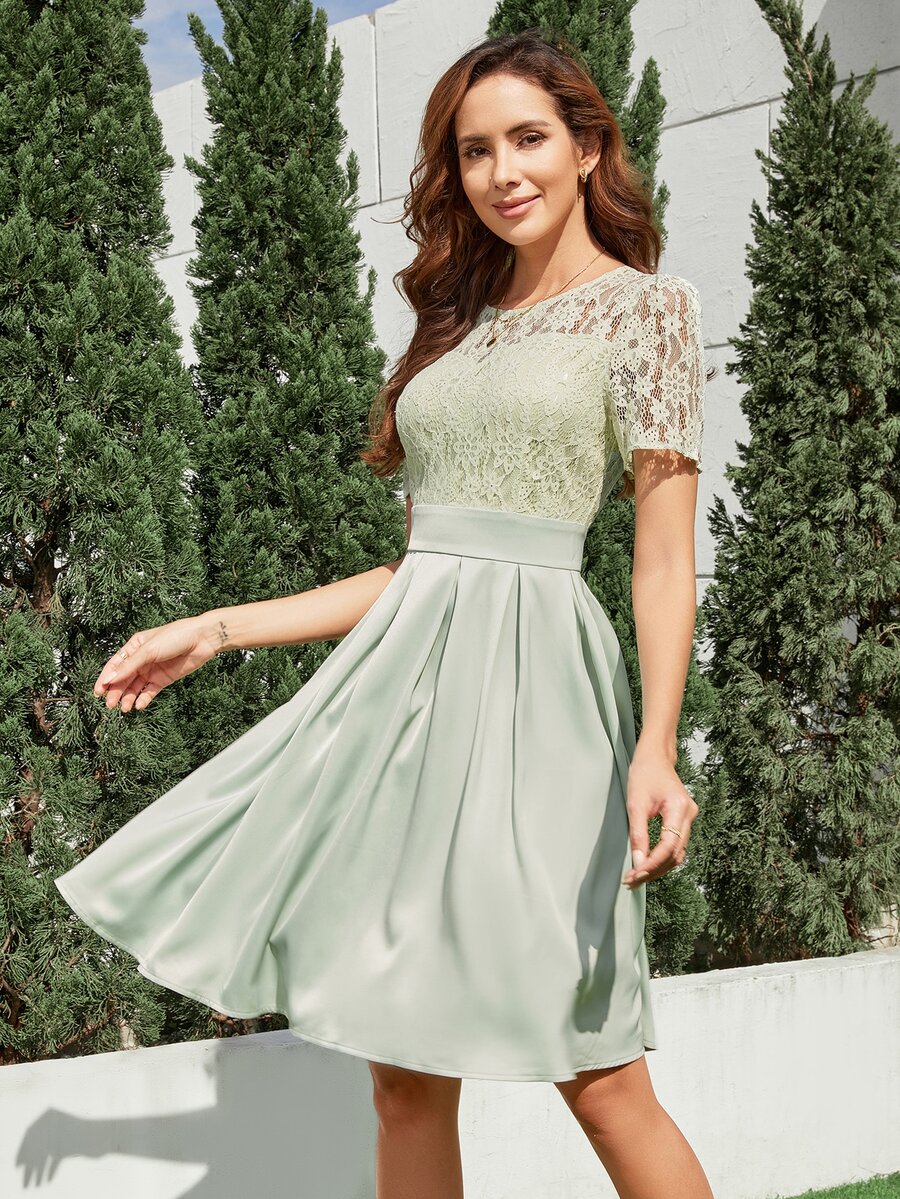 蕾絲拼接百褶細節洋裝 - 薄荷綠 - 查看 1