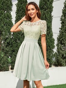 蕾絲拼接百褶細節洋裝 - 薄荷綠 - 查看 3