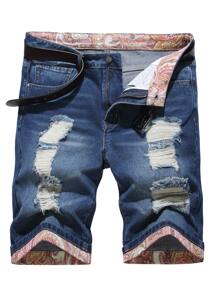 Quần short denim rách rưới cho nam không có thắt lưng - Rửa tối - Xem 1