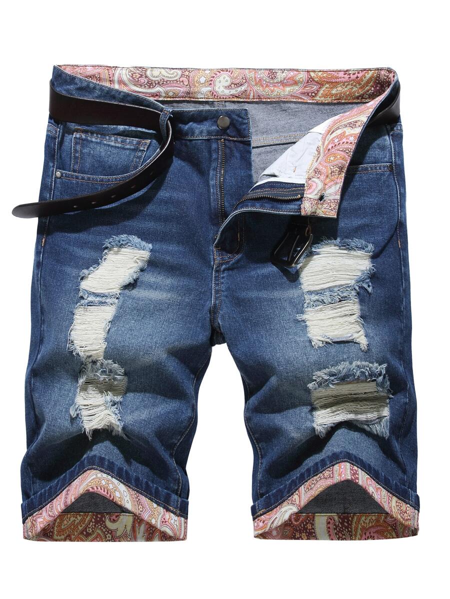 Quần short denim rách rưới cho nam không có thắt lưng - Rửa tối - Xem 1