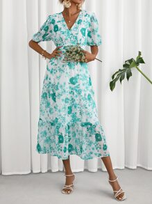 SHEIN Privé 滿版印花泡泡袖荷葉邊連衣裙 - 彩色 - 查看 3