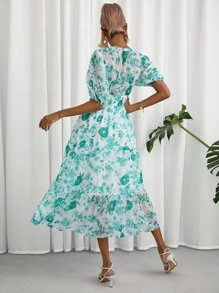 SHEIN Privé 滿版印花泡泡袖荷葉邊連衣裙 - 彩色 - 查看 4