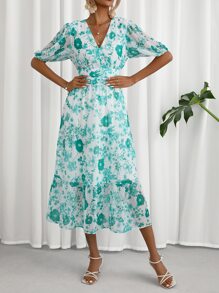 SHEIN Privé 滿版印花泡泡袖荷葉邊連衣裙 - 彩色 - 查看 2