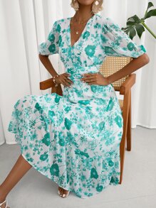 SHEIN Privé 滿版印花泡泡袖荷葉邊連衣裙 - 彩色 - 查看 5