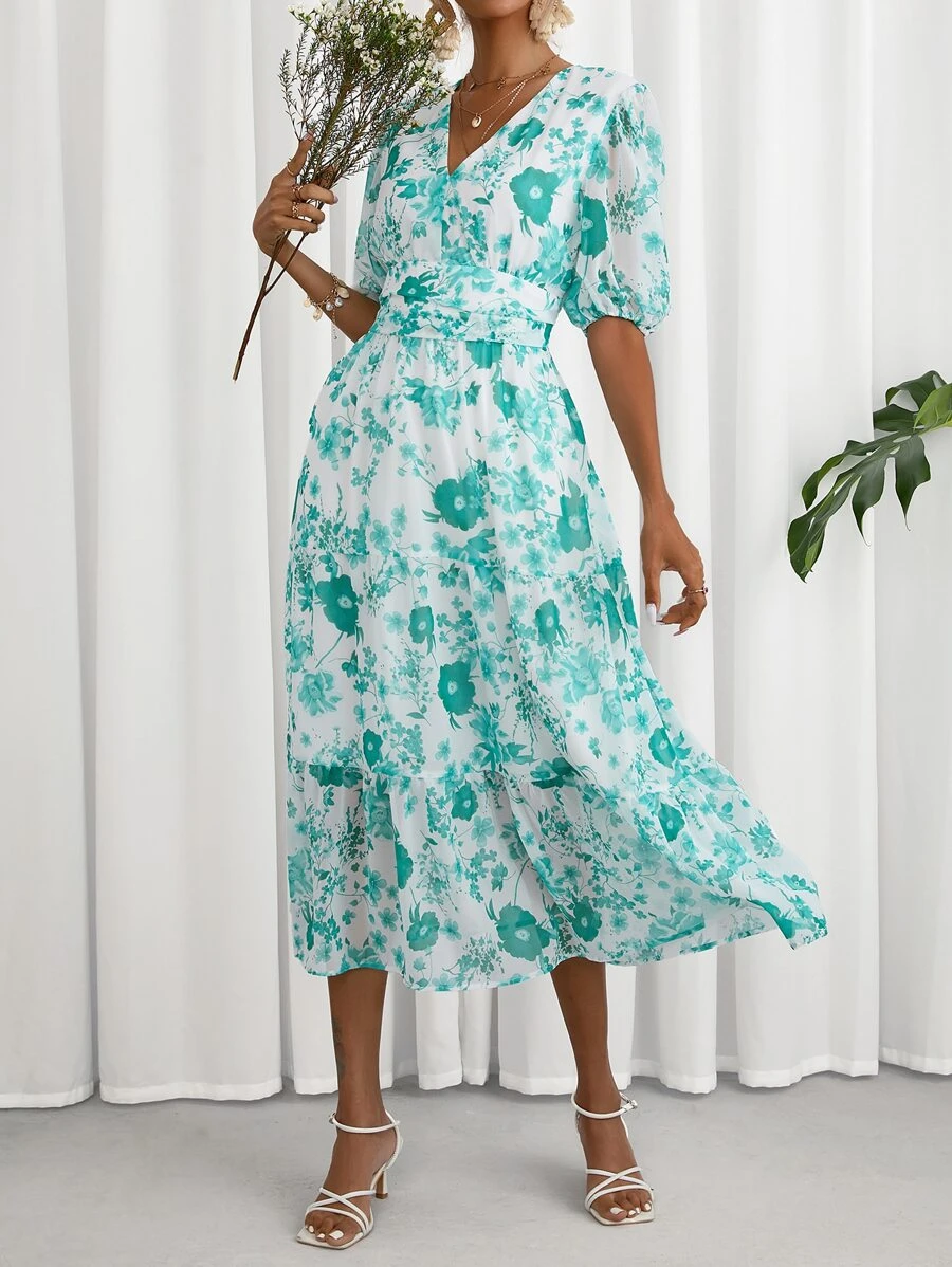 SHEIN Privé 滿版印花泡泡袖荷葉邊連衣裙 - 彩色 - 查看 1