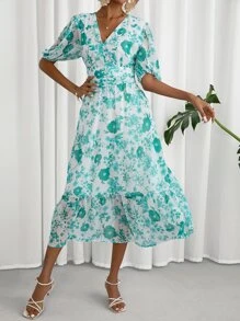 SHEIN Privé 滿版印花泡泡袖荷葉邊連衣裙 - 彩色 - 查看 6