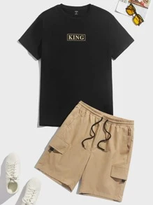 Manfinity Men Letter Graphic Tee & Drawstring Waist Flap Pocket Shorts - Multicolor - View 1