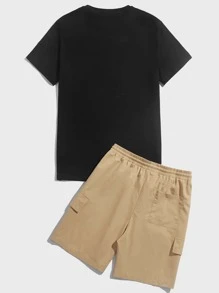 Manfinity Men Letter Graphic Tee & Drawstring Waist Flap Pocket Shorts - Multicolor - View 2