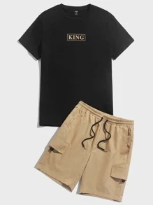 Manfinity Men Letter Graphic Tee & Drawstring Waist Flap Pocket Shorts - Multicolor - View 3