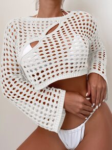 SHEIN Swim Summer Beach Hollow Out Crochet Cover Up Top Without Bikini - White - View 1