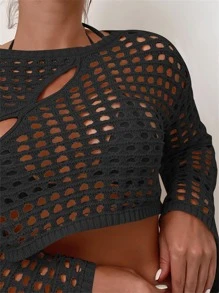 SHEIN Swim 鏤空勾織罩衫上衣不附比基尼 - 黑色 - 查看 3