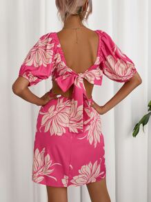 GENKIRA Floral Print Square Neck Puff Sleeve Dress - Hot Pink - View 2