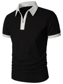 男士拼接邊POLO衫 - 黑色 - 查看 1