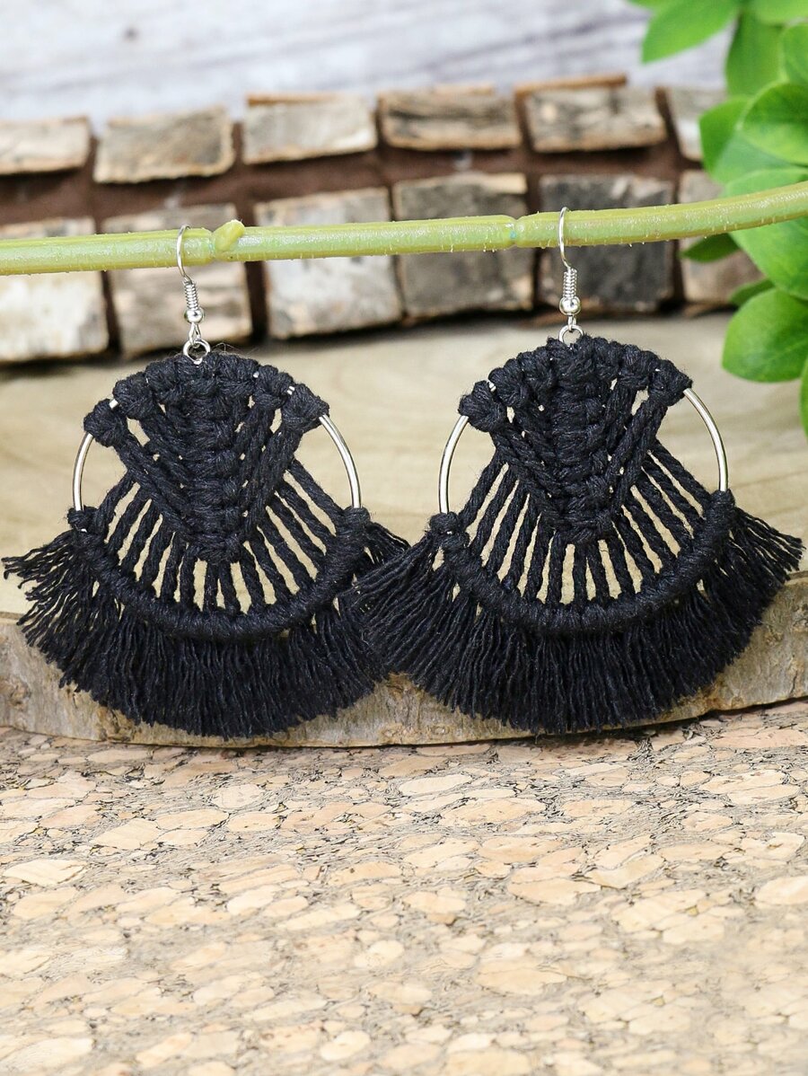 TopHanqi Tassel Drop Earrings - Black - View 1