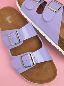 人造亮面PU皮革雙帶拖鞋 - 紫丁香色 - 查看 4