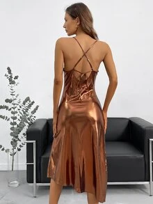 SHEIN BAE Đầm Hội Chữ thập Vắt Tách cao màu trơn Buổi tiệc - màu nâu - Xem 2