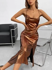 SHEIN BAE Đầm Hội Chữ thập Vắt Tách cao màu trơn Buổi tiệc - màu nâu - Xem 1