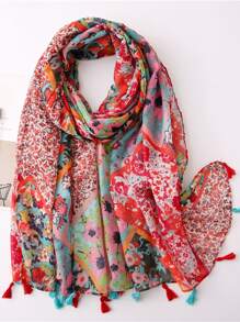 印花流蘇裝飾圍巾 - 紅色 - 查看 1