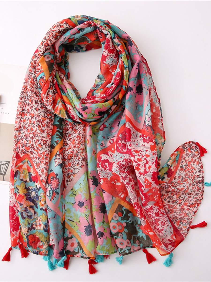 印花流蘇裝飾圍巾 - 紅色 - 查看 1