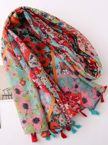 印花流蘇裝飾圍巾 - 紅色 - 查看 2