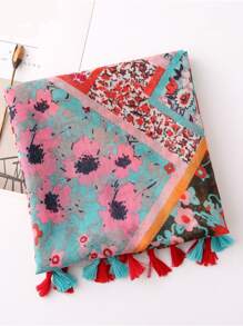 印花流蘇裝飾圍巾 - 紅色 - 查看 3